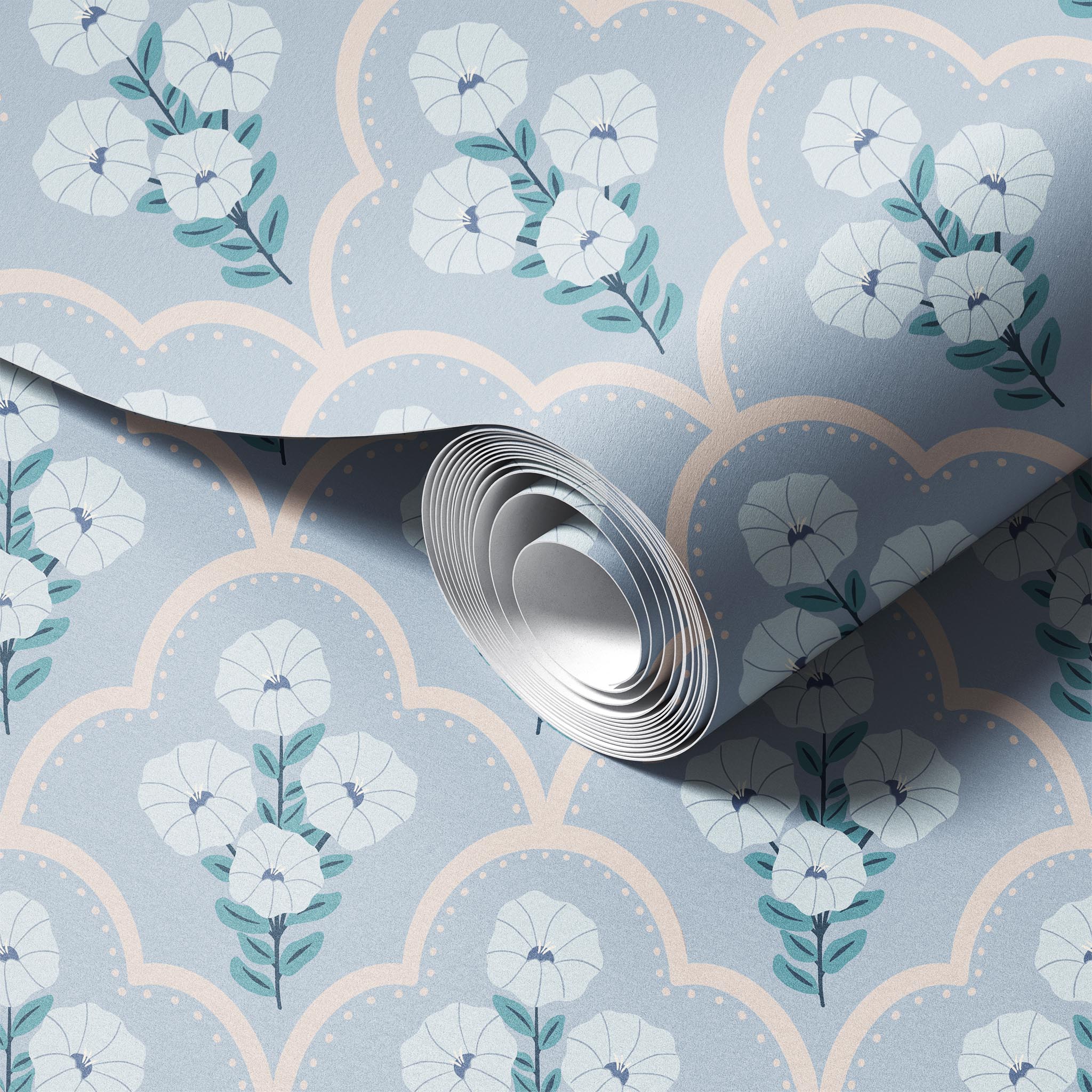 Mallow Bindweed Light Blue peel and stick wallpaper room mockup